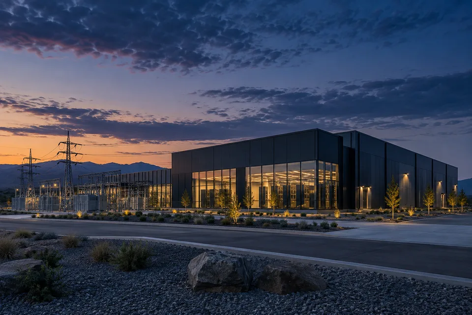 Illustration of a data center and adjacent power infrastructure at twilight