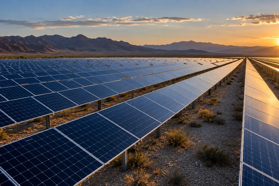 Illustration of a utility-scale solar array at sunset