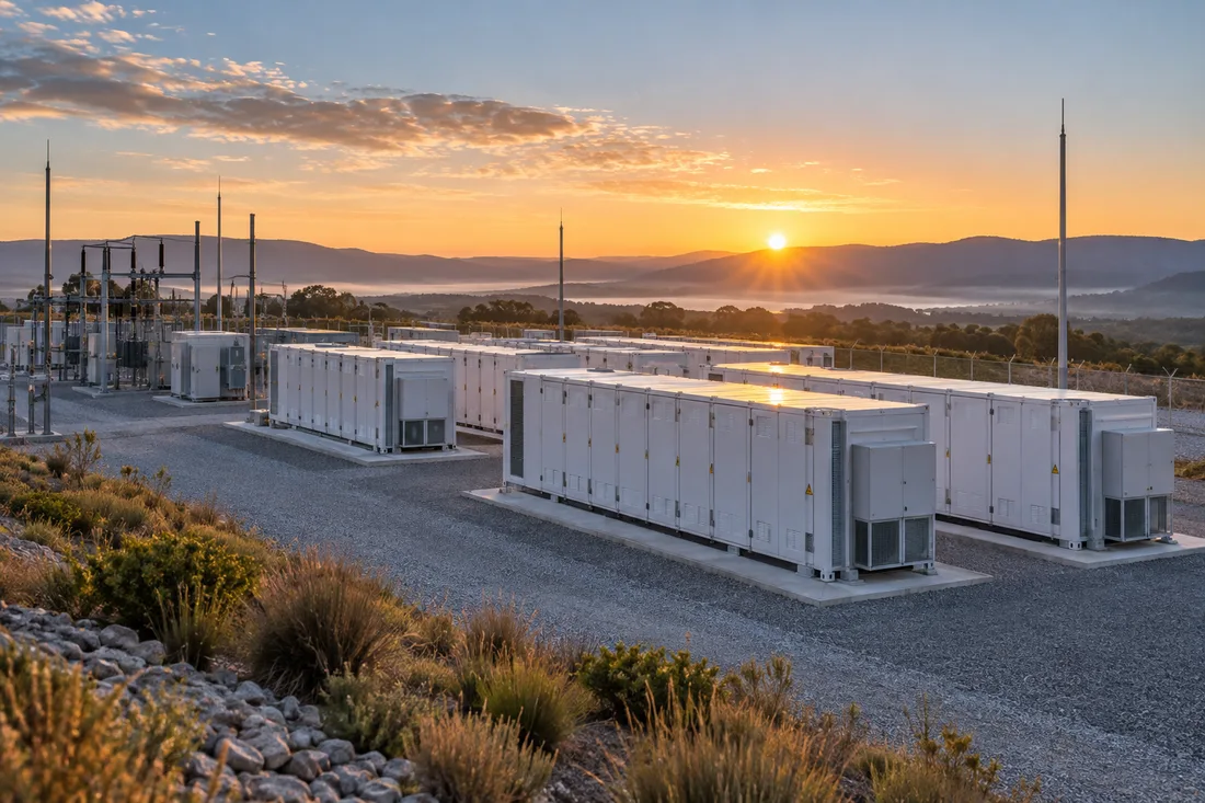 Illustration of containerized battery storage at sunrise